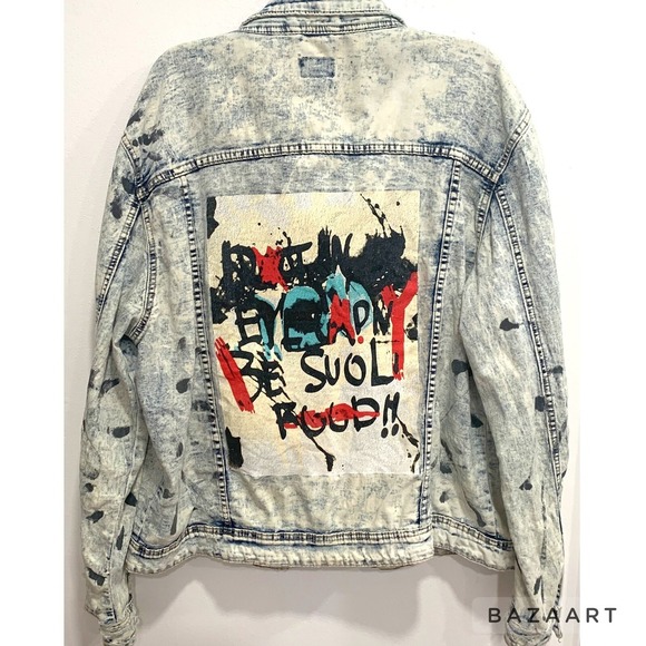 Waimea Jackets & Blazers - Waimea White Distressed Wash, Paint Splatter Stretch Denim Jeans Jacket Sz: L